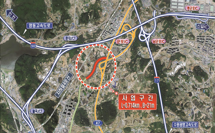 국도47호선-안산시계간 도로개설 위치도 - 사업구간  L=0.714㎞, B=21m